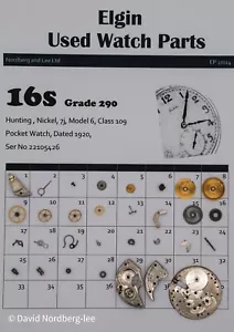 Piezas de reloj usado Elgin 16/16s grado 290 modelo 6 clase 109 ser no 22105426 - Imagen 1 de 1