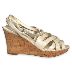 Womens Franco Sarto Cork Wedges Leather Strappy Sandals Heels Ivory Size 10 M - Picture 1 of 5