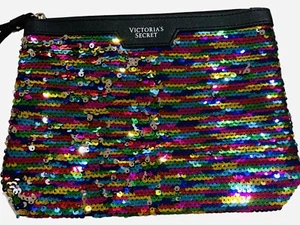 VICTORIA’S SECRET COSMETIC BAG SEQUIN MULTICOLOR BLACK CLUTCH PURSE - Picture 1 of 3