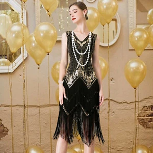 Women 1920s Retro Vintage Fringed Gatsby Sequin Beaded Tassels Hem Flapper Dress - Bild 1 von 11