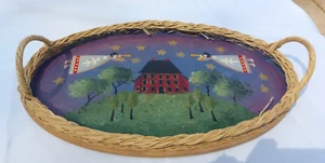 vintage Wicker Tray Hand painted with handles rustic cottage home decor angels - Picture 1 of 14