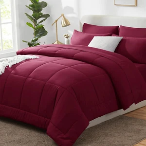 Red Comforter Full Size Sets 7 Pieces Burgundy Bedding Set Bed in a Bag Set Red - Picture 1 of 12
