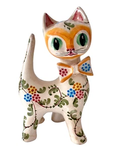 Vintage Katze groß 12 Zoll glasiert Majolika Kunstkeramik Italien Terrakotta Blumen signiert - Bild 1 von 14