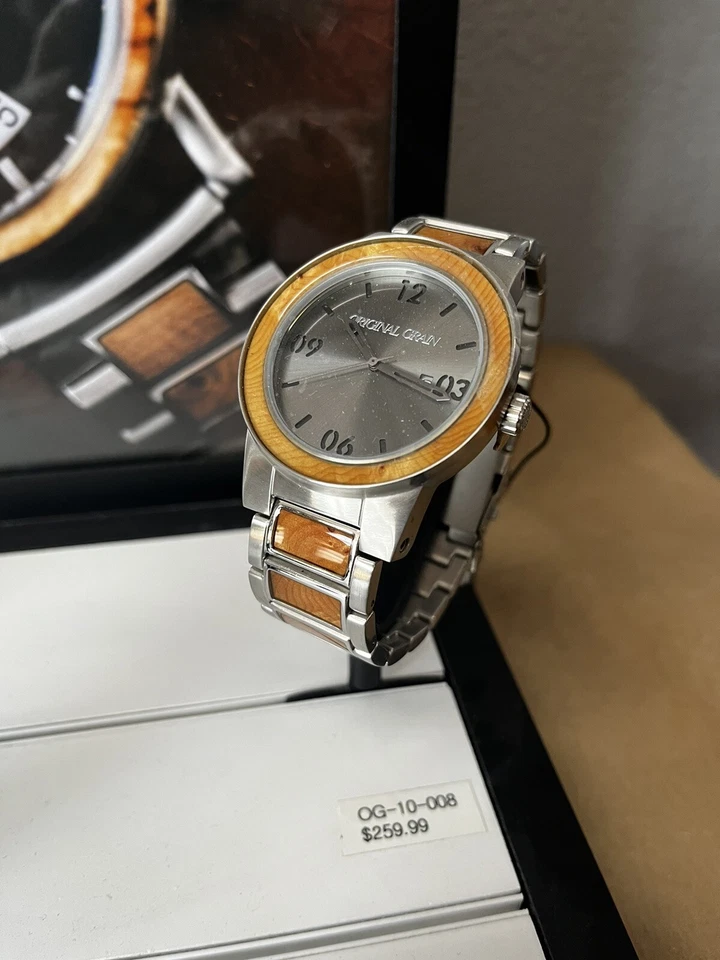 Original Grain Burlwood Barrel Black Dial Stainless Steel Men's Watch OG10008. - Image 1 of 1