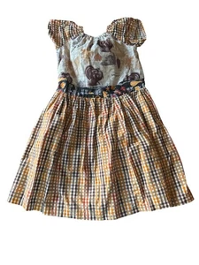 Thanksgiving-Themed Handmade Girls Dress Turkey Print & Plaid Short Sleeves 12 - Picture 1 of 4