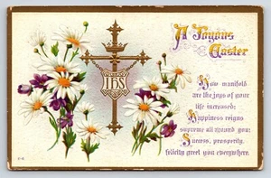 Postal Una Pascua Alegre, Cruz Dorada, Flores, Margarita, Floral - Imagen 1 de 2