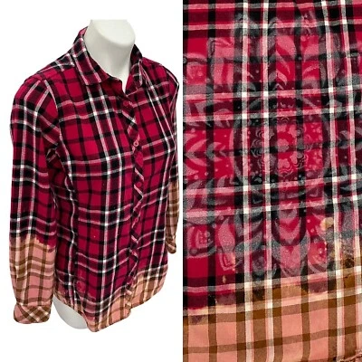 Camisa a Cuadros Reciclada Para Mujer Mediana Roja Country Camp Blanqueador Ombre Plantilla Rancho Foto 1 de 4