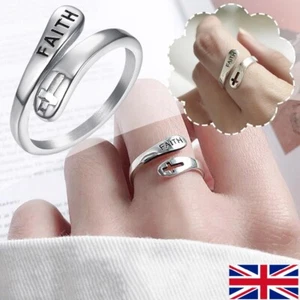 Faith Cross Sterling Silver Open Rings Adjustable Eternity Women Girls Men Ring - Picture 1 of 18