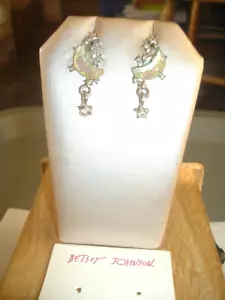 Clear Crystal Moon Adorned Dangling Stars Silver Betsey Johnson Pierced EARRINGS - Picture 1 of 6