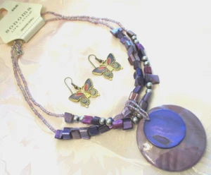 NWT Glass & Abalone Bead Necklace & Abalone Pendant Butterfly Pierced Earrings - Picture 1 of 5