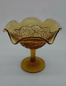 Vintage Amber Gold Cactus Glass Ruffled Compote Pedestal Candy Dish - Picture 1 of 6