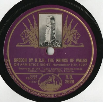 ROYAL RECORD - ARMISTICE SPEECH BY H.R.H PRINCE OF WALES NOV 11TH 1927 - EX+ - Imagem 1 de 3