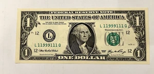 FIVE OF A KIND BINARY FANCY SERIAL NUMBER $1 DOLLAR BILL 11999111 - Picture 1 of 2