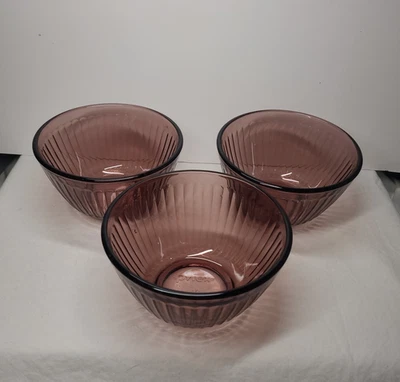 3 Pyrex Sculptured Ribbed Cranberry Bowls 3 Cup 5 5/8"  #7401 - Image 1 of 4