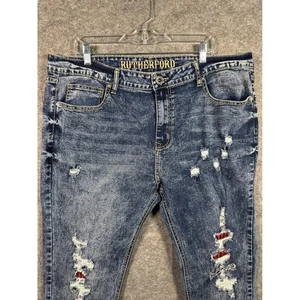 Rutherford Flex Skinny Fit Distressed Jeans Red Plaid Patches Men's Size 38 - Picture 1 of 8