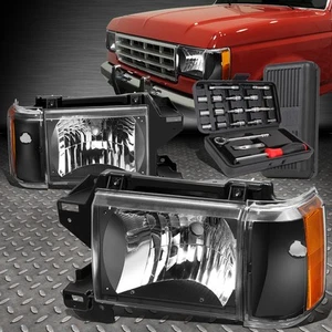 FOR 87-91 FORD F150 F250 BRONCO BLACK HOUSING AMBER CORNER HEADLIGHTS+TOOL SET - Picture 1 of 9