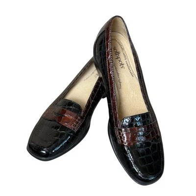 Softspots Womens Penny Loafers 8.5W Wide Black Brown Patent Leather Crocodile - Image 1 of 4