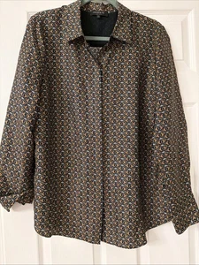 Blusa de seda Lafayette 148 New York talla 12 marrón blanco azul marino - Imagen 1 de 7