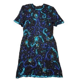 VTG Silk Beaded Sequin Blue Green Peacock Floral Dress Sz M Formal Damaged - Picture 1 of 16