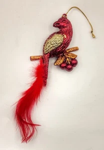 Modern Shiny Red Bird Christmas Ornament Long Feather Tail Gold Glitter Berries  - Picture 1 of 5