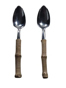 Grapefruitlöffel Vintage Bambusgriff Wellenschliff Edelstahl Japan 2er Set - Bild 1 von 9