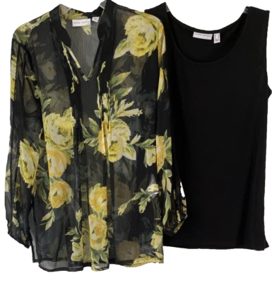 Susan Graver Printed Sheer Tunic Shirt Set Sz S Black Yellow A346901 Women CB97K - Image 1 of 4