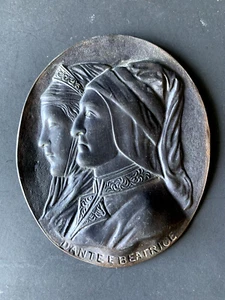 DANTE E BEATRICE PROFILI RITRATTI VECCHIO BRONZO METALLO PARETE PLACCA ORNAMENTO - Foto 1 di 3