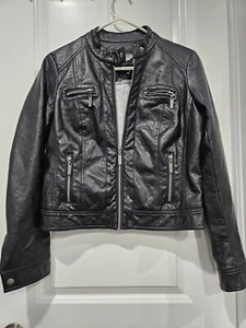 JOUJOU Women’s SMALL Black Pleather Moto Fleece Cropped Jacket - Picture 1 of 11