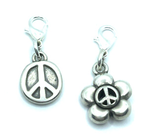 Brighton Peace Sign Flower Charming Round World Silver Custom Charms-Lot of 2