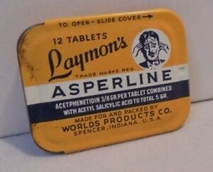 Tin Dated 1938, Laymon's Asperline 12 Tablets, Spencer, Indiana 2"x1.5", Vintage