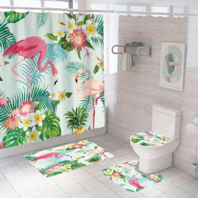 Flamingo Shower Curtain Bathroom Rug Non-slip Floor Mat Toilet Seat Lid Cover - Image 1 of 4