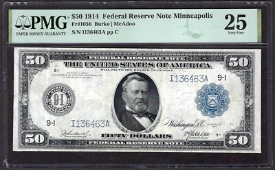 🇺🇸 1914 $50  FR-1056 ♚♚MINNEAPOLIS♚♚ PMG VF 25 ONLY 58 KNOWN! - Image 1 of 2