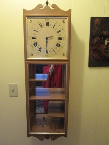 Vtg German wall clock ENDURA mirror backed curio display 48+ hour w/Key 41 ¼" T Cover