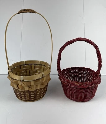Set of 2 Wicker Baskets with Handles Natural Wood And Red Color 6”-6.5  Diameter - Image 1 of 4