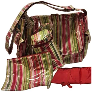 Kalencom Pink Green Stripe Buckle Diaper Bag Tote + Bottle Bag + SM Bag +Mat NWT - Picture 1 of 15