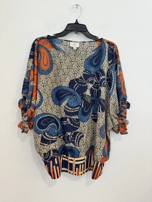 ECI Women's Abstract Silky Colorful Blouse 3/4 Sleeve Gathered Hem Large - Image 1 of 4