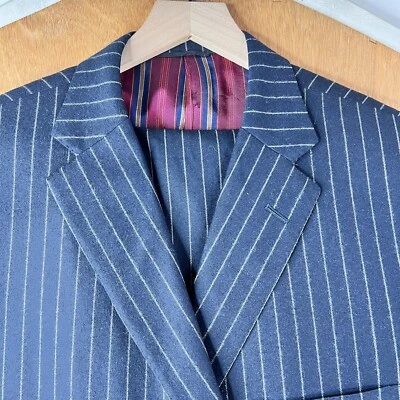 Tom James Suit Mens 44L Navy Blue Chalkline Stripe 3 Button Wool Pants 34x31 - Image 1 of 4