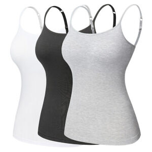 Women Adjustable Strap Camisole with Built in Padded Bra Vest Sleeveless Tops AS
