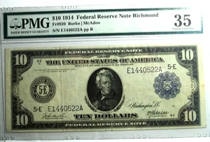PMG 1914 $10 FRBN Richmond (5-E) VF-35 FR#920 Burke / McAdoo - Picture 1 of 2