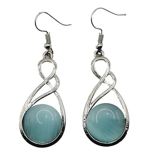 Sky Blue Round Glass Silver Tone Open Metal Drop Dangle Pierced Hook Earrings - Picture 1 of 13