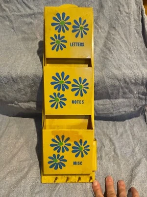 MCM 3 Tier Plastic Wall Caddy Organizer Letter Mail Holder Tan w Blue Flowers - Image 1 of 2