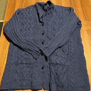 Aran Crafts Merino/Alpaca Wool Cardigan Ireland Sweater Blue Cable Knit XXL Blue