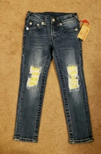 NWT True Religion Girls Gold Glitter Patch Jeans, Size 5 - Picture 1 of 6