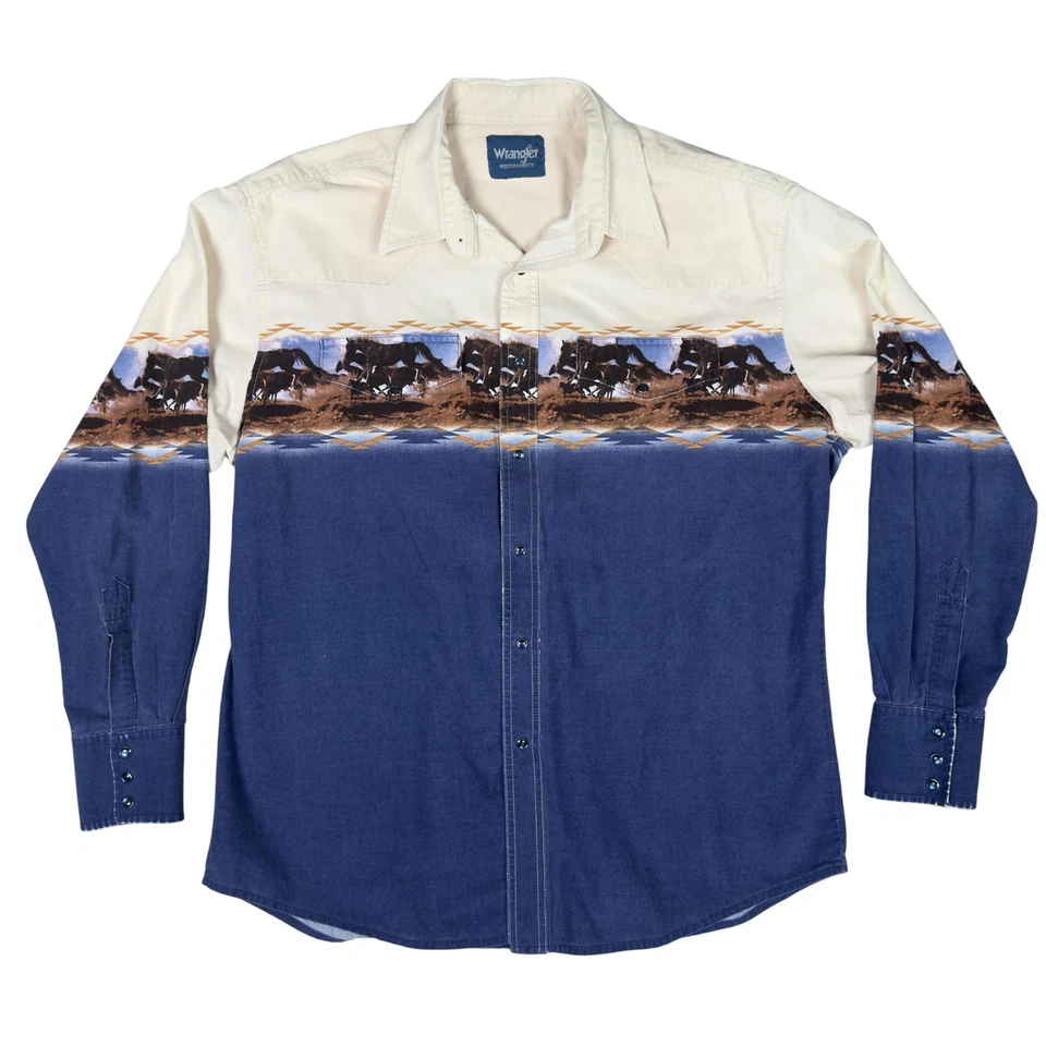 Camisa Wrangler De Colección Para Hombres Grande Azul Crema Perla Occidental Estampado Caballo A Presión Años 90 Foto 1 de 4