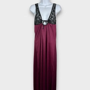 VTG 70s Long Night Gown Nightie Size Medium Maroon/Black Sheer Lace Sexy Lounge - Picture 1 of 5