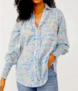 Free People Wild Gardenia Floral Ruffle Tunic Button Down Shirt Blouse Sz L NWT - Picture 1 of 12