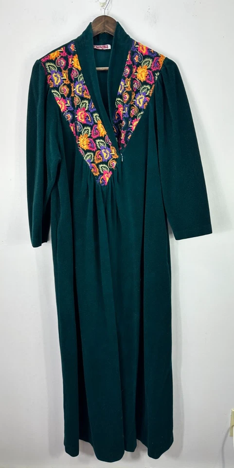 Maxi plumero vintage Vanity Fair bata M verde bordado ropa de salón boho retro Foto 1 de 4