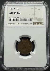 1874 INDIAN HEAD CENT NGC AU55 BN 11ECA25 - Picture 1 of 4