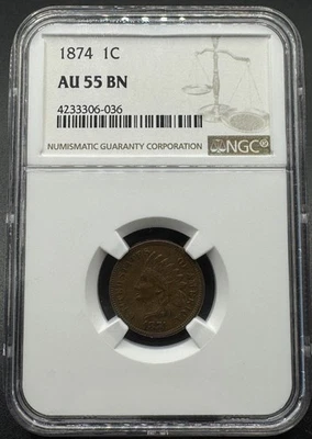 1874 INDIAN HEAD CENT NGC AU55 BN 11ECA25 - Image 1 of 4