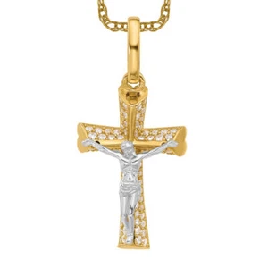 14K Solid Two Tone Gold CZ Jesus Crucifix Cross Heart Necklace - Picture 1 of 12